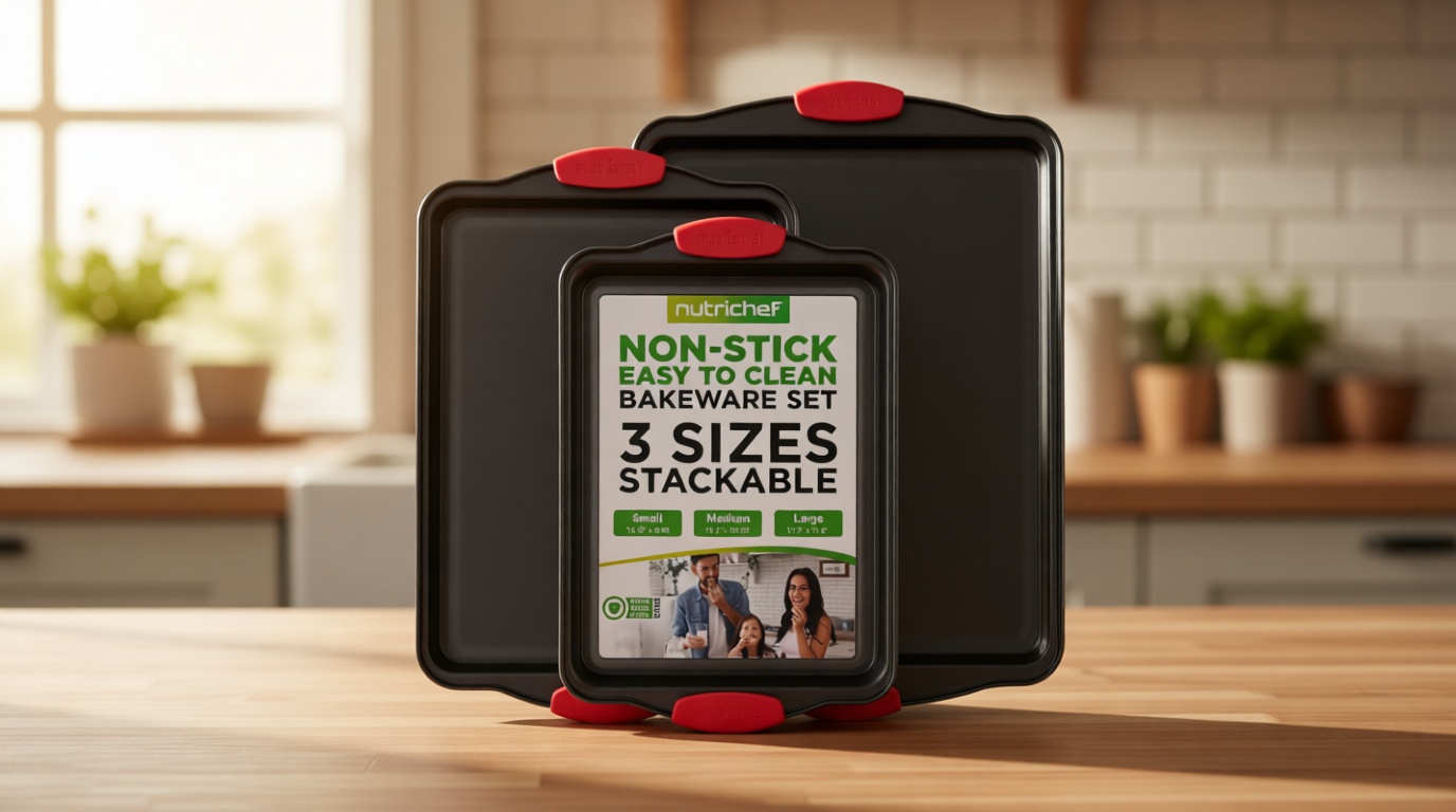 NutriChef 3-Piece Nonstick Kitchen Oven Baking Pans - Premium & Stylish Non-Stick Steel, Commercial Grade Restaurant Quality Metal Bakeware with Red Silicone Handles - Easy to Clean, NCSBS3S
