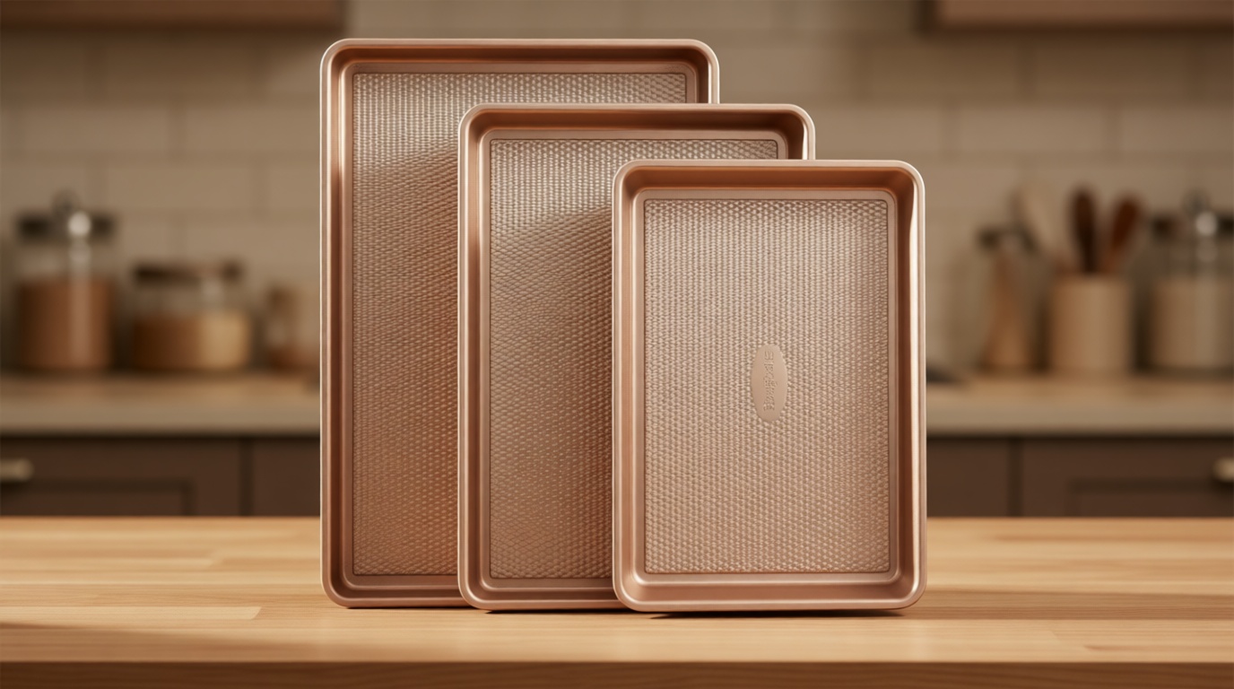 HONGBAKE Baking Sheet Pan Set of 3, Cookie Sheets for Oven, Nonstick Half/Quarter/Jelly Roll Pans with Diamond Texture Pattern, 0.8mm Thick Heavy Duty Cookie Tray, Champagne Gold