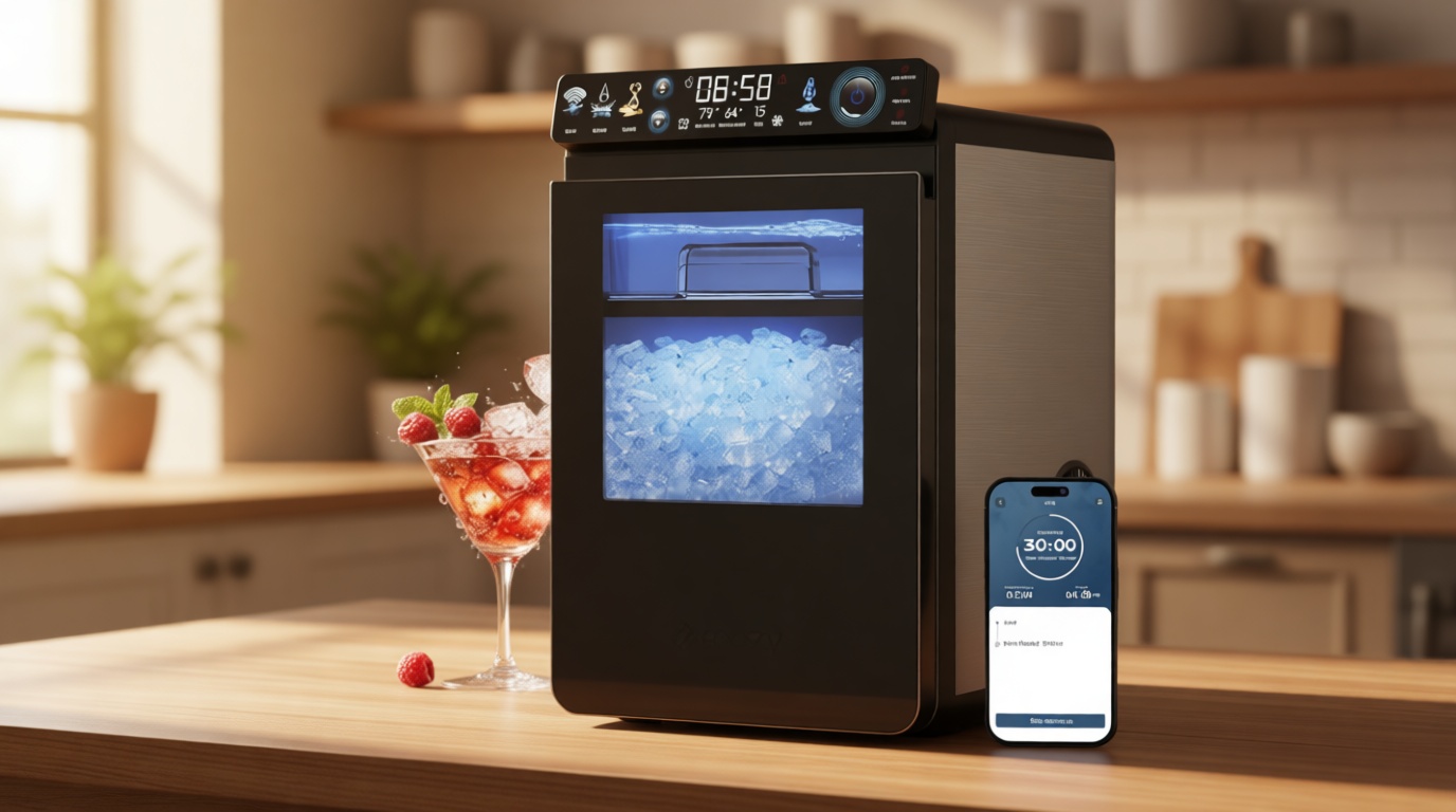 ecozy Smart Nugget Ice Maker Countertop, First Full-Color Smart Panel Ice Machine with APP Control, Double-Layer Insulation, 44 lbs/24H Soft Pellet Chewable Ice, Pull-Out Water Tank, Self-Cleaning