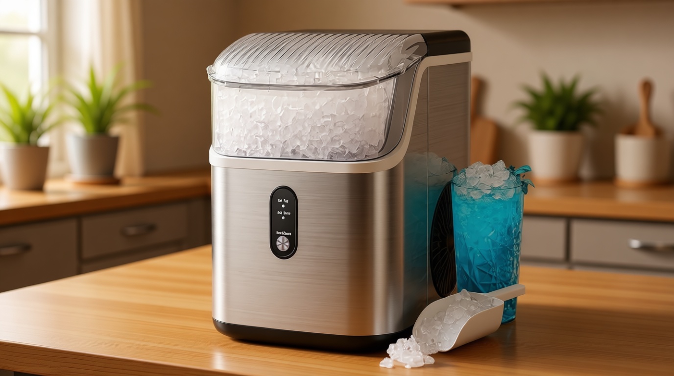 Kismile Nugget Ice Makers Countertop,Portable Ice Machine with Crushed Ice, 35lbs/Day,Self-Cleaning,One-Click Operation for Home Use(Silver)
