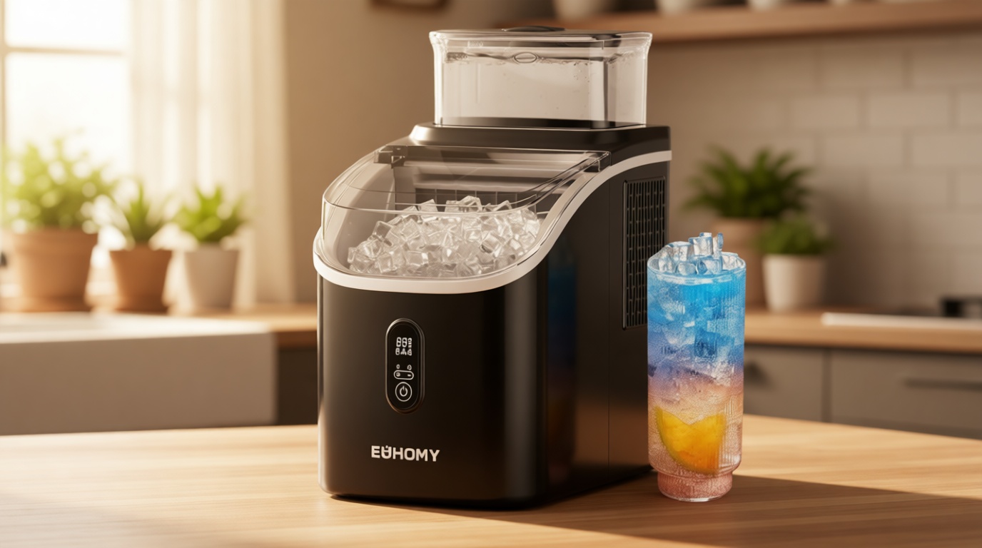 EUHOMY Ice Cube Maker Machine Countertop with External Water Tank, 2 Ways to Add Water, 34Lbs/Day, 16Pcs Ready in 7 Mins, Auto-Cleaning, with Ice Scoop & Basket, for Home/Kitchen/Office/Bar (Black) ISCC PLUS