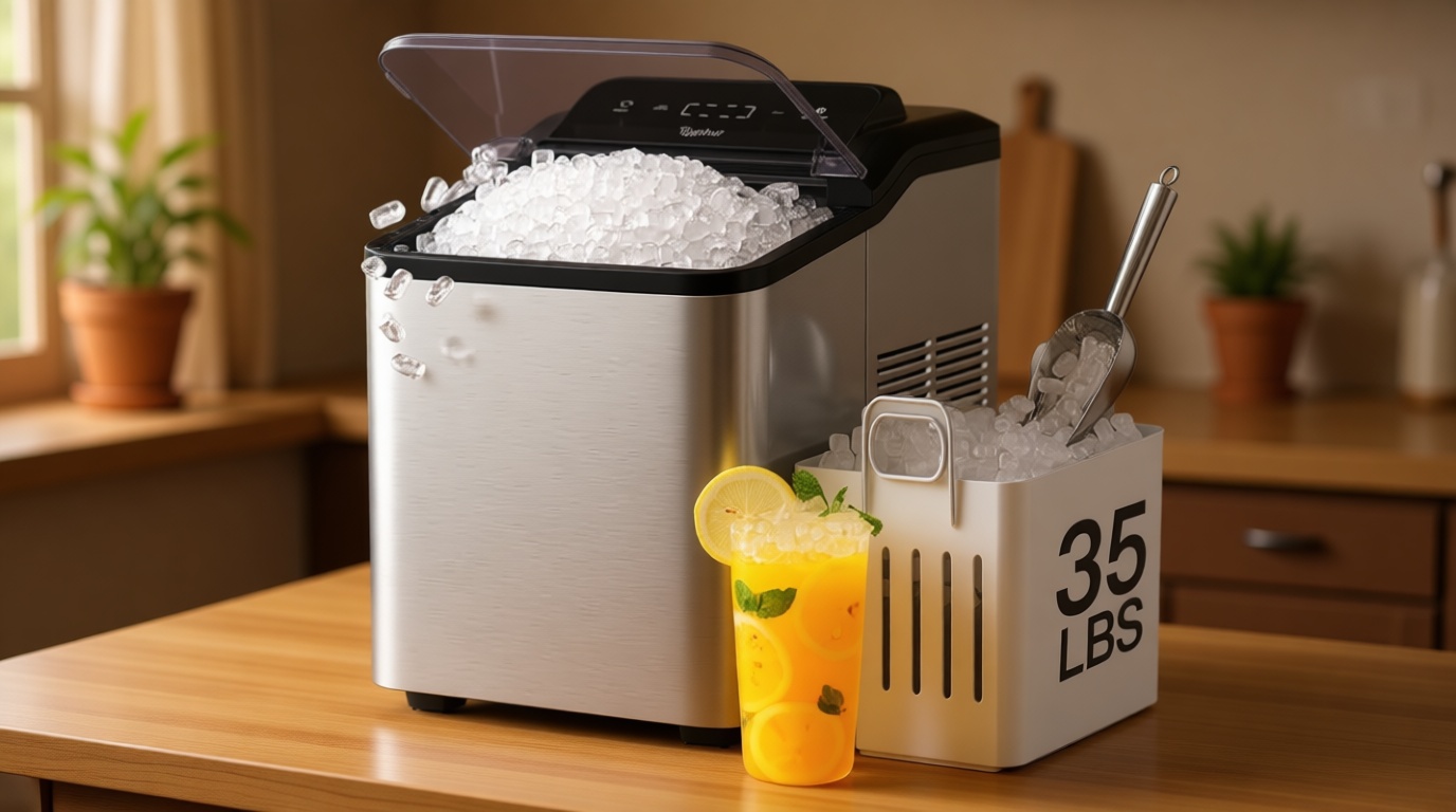 Typhur Fast Nugget Ice Maker Countertop with Self-Cleaning Pump, 35lbs/24H Crushed Pebble Ice Machine with Pellet Ice, 8 Packs Cleaner, Dual Ice Scoops for Home, Kitchen, Party, RV, Stainless Steel Global Recycled Standard