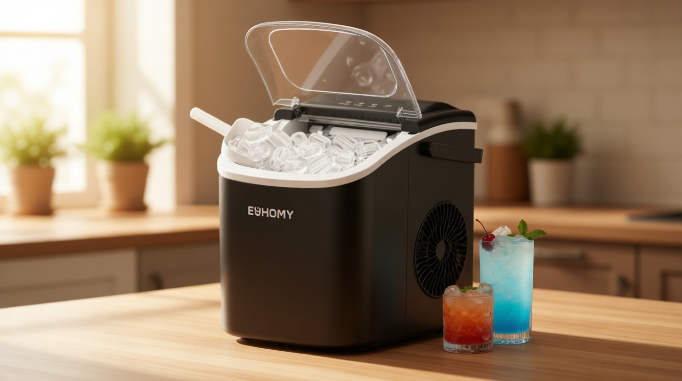 EUHOMY Countertop Ice Maker Machine with Handle, 26lbs in 24Hrs, 9 Ice Cubes Ready in 6 Mins, Auto-Cleaning Portable Ice Maker with Basket and Scoop, for Home/Kitchen/Camping/RV. (Black) ISCC PLUS