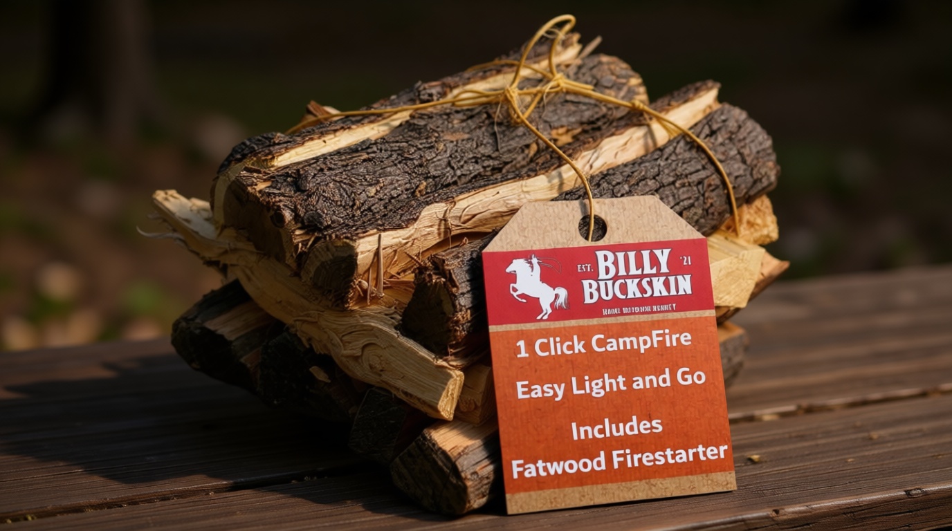 Billy Buckskin 1 Click Fire 19 LB Firewood Bundle – Juniper, Pinion & Mesquite & Fatwood Sticks - Split, Seasoned Firewood Logs for Fire Pit, Campfire, Fireplace, Wood Stoves and Outdoor Grilling