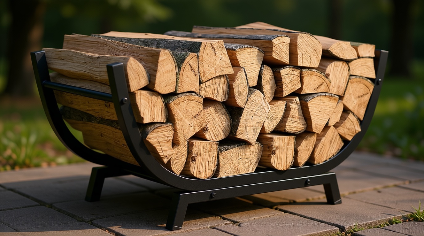 Firewood Rack - 25 inch Outdoor Indoor Metal Firewood Holder With Thickened Trapezoid Base-Double Coated Waterproof Rustproof Fireplace Firewood Stand, Black