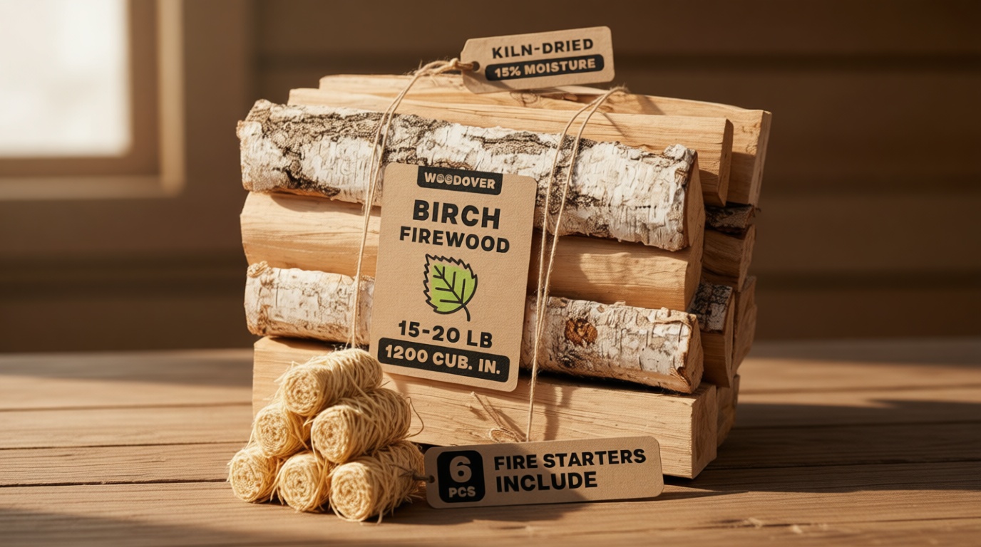 15" Birch Firewood Logs with Fire Starters Set – 1200 cub. in, 15–20 lb | Kiln-Dried & Seasoned Hardwood for Fire Pit, Fireplace | Bright Flames & Pleasant Aroma for Cozy Atmosphere