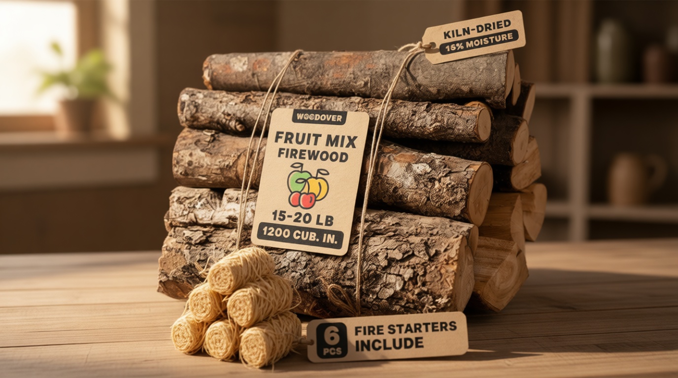 15" Apple & Cherry Firewood Logs with Fire Starters Set - Kiln-Dried Firewood for Fire Pit, Seasoned Wood for Fireplace, Campfire & Pizza Oven - Split Wood for Solo Stove - 1200 cu. in., 15-20lb