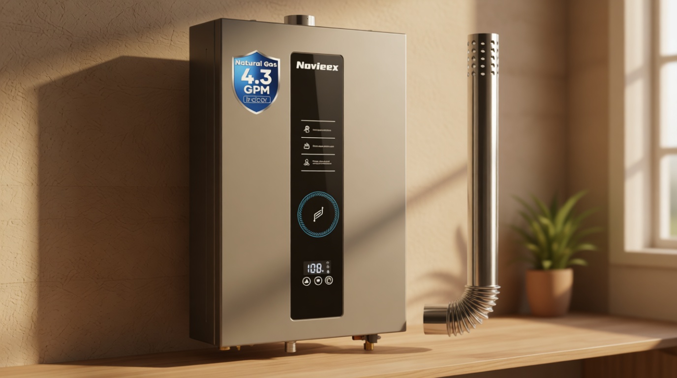 Tankless Water Heater, Novieex On Demand Water Heater Natural Gas, Up to 4.3 GPM, 100,000 BTU Instant Hot Water Heater with LED Display, Indoor Installation, 2-4 Point Use for Family Bathroom Kitchen