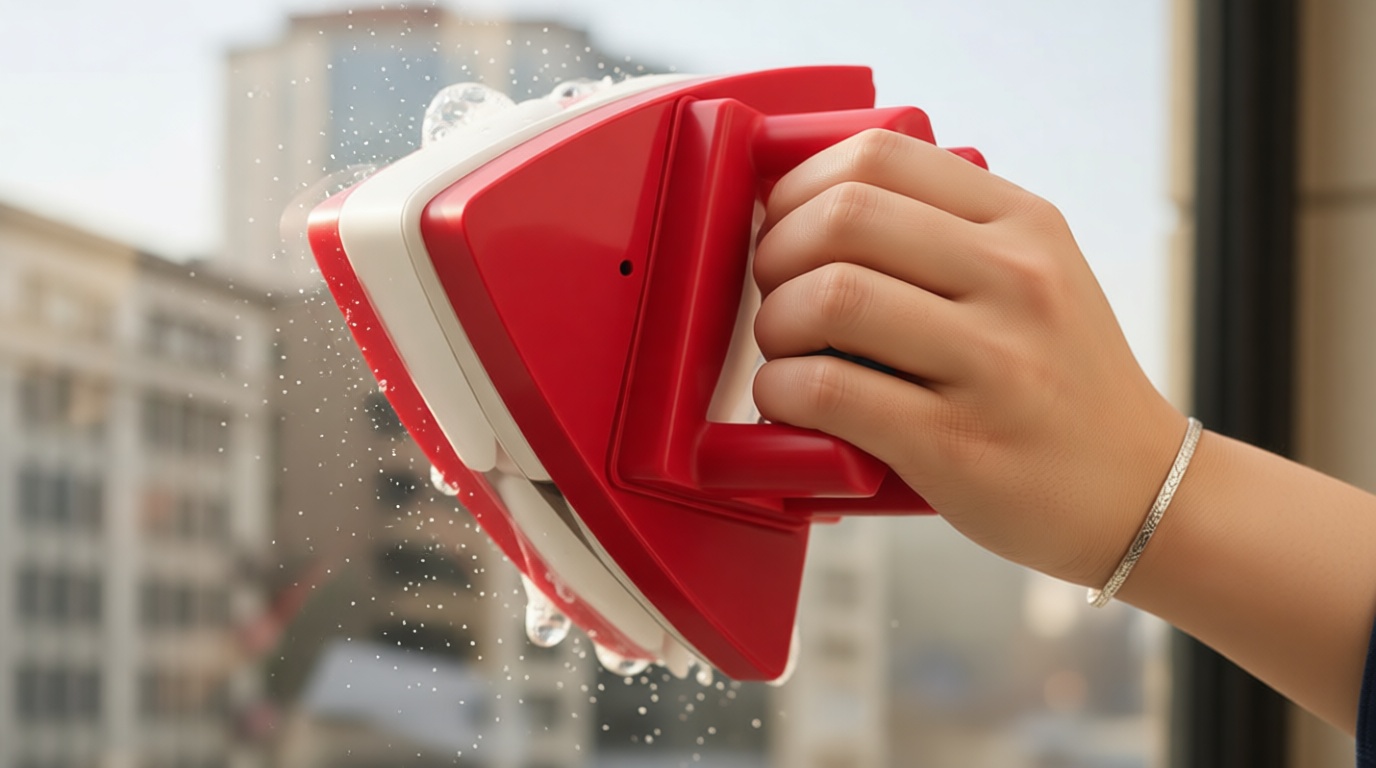 Fcare Outside Magnetic Window Cleaner, Double-Sided Brush Glass Wiper Cleaning Tools, Adjustable Magnetic Glider for High-Rise Double Glazed Thick Windows Thickness 0.3"-1.2" (red)