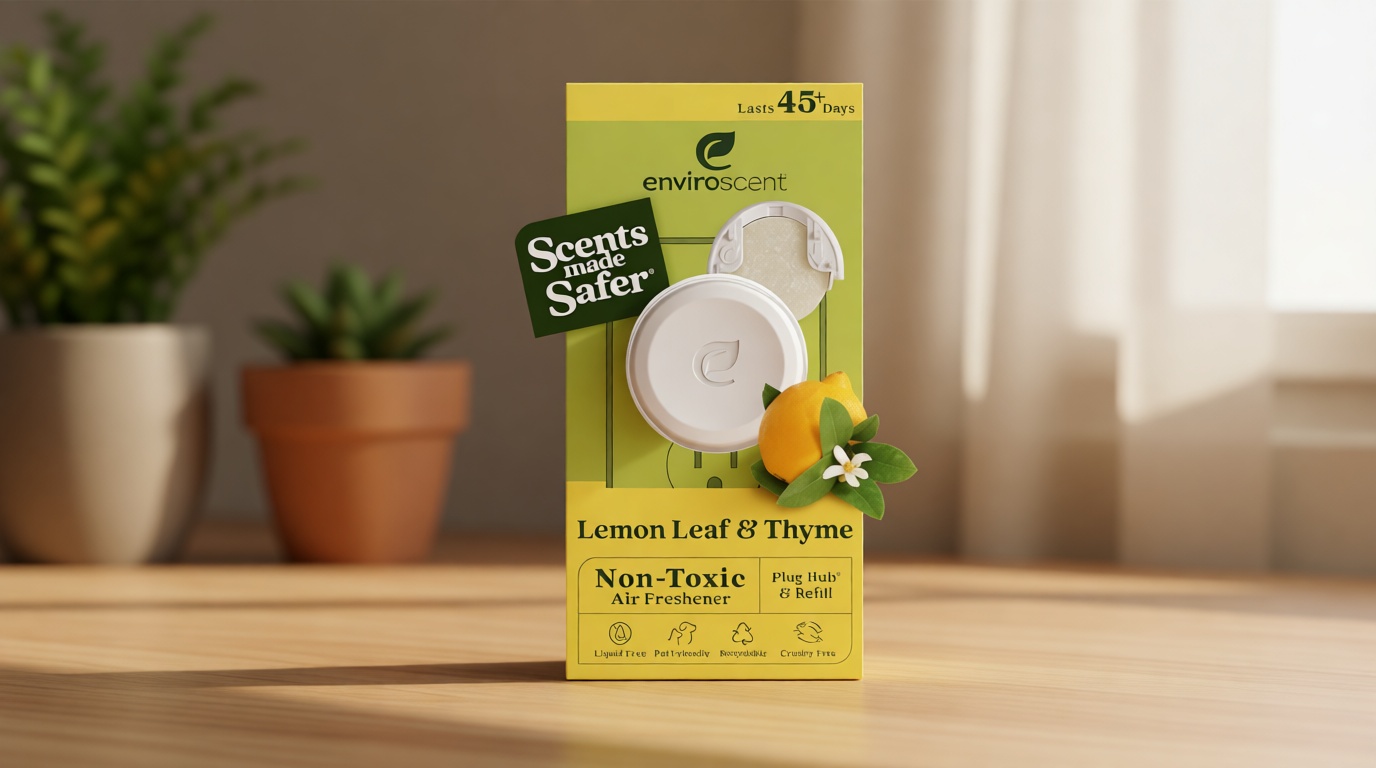 Enviroscent Non Toxic Air Freshener (Lemon Leaf & Thyme) Plug-in Home Fragrance Last 45+ Days | Kit includes 1 Refillable Plug In Warmer & 1 Scent Refill