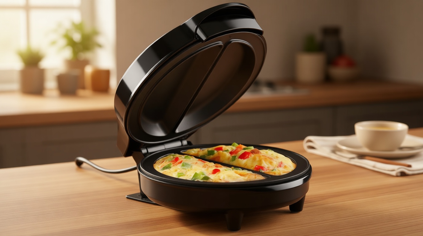 Holstein Housewares Stainless Steel 2 Section Omelet & Frittata Maker, Non Stick Coating, Easy To Clean, Indicator Lights, Compact Storage, Prepare Versatile Recipes in Minutes. 2 Portions, Black
