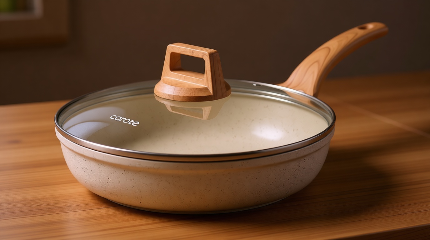 CAROTE 8 Inch Non Stick Frying Pan with Lid,White Granite Nonstick Skillet Omelet Pans, Egg Pan Granite Cookware, PFOS & PFOA Free