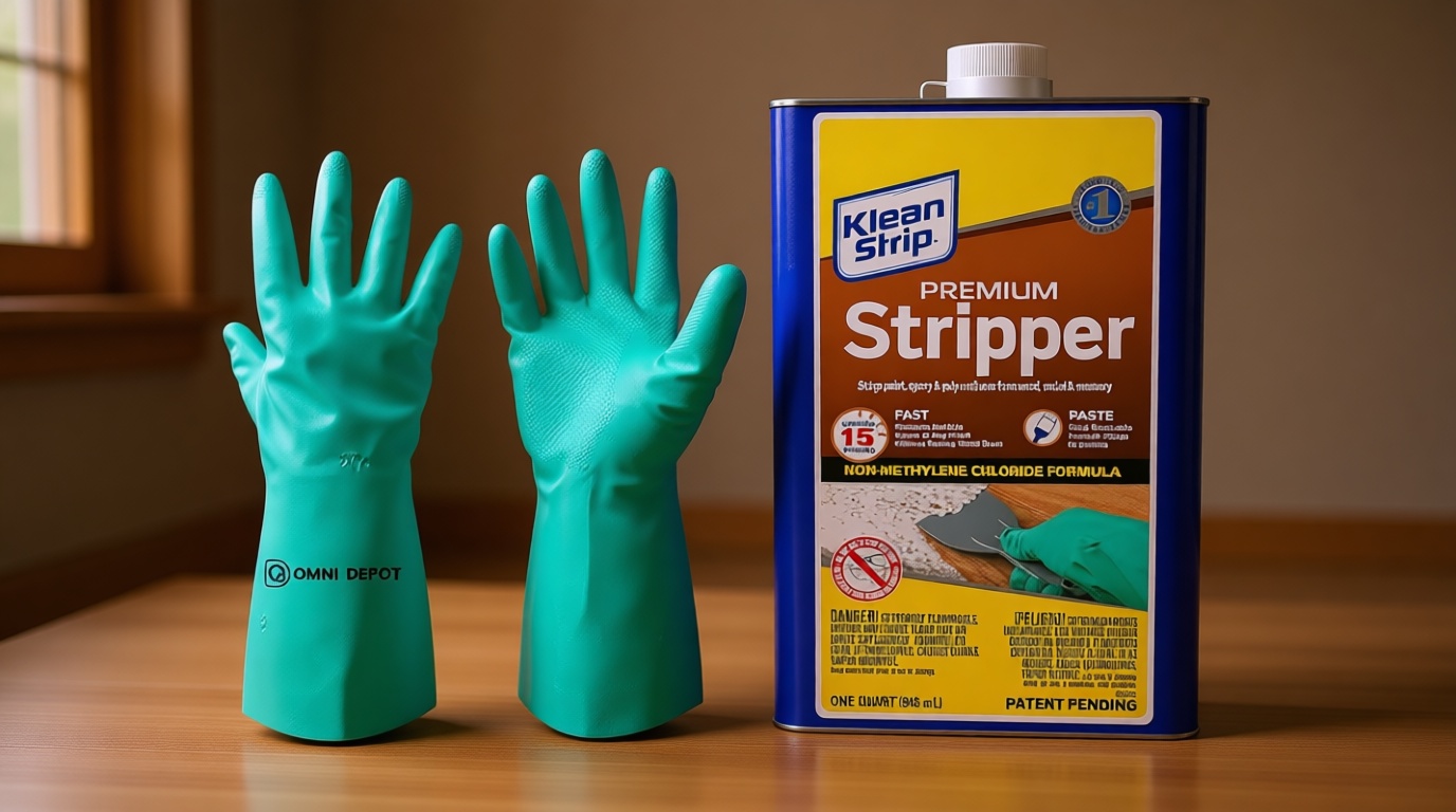 Paint & Varnish Remover Klean Strip Premium Stripper– Fast-Acting Stripper for Epoxy, Polyurethane, Wood, Metal & Masonry – Includes Protective Omni Depot Gloves – 1 QT