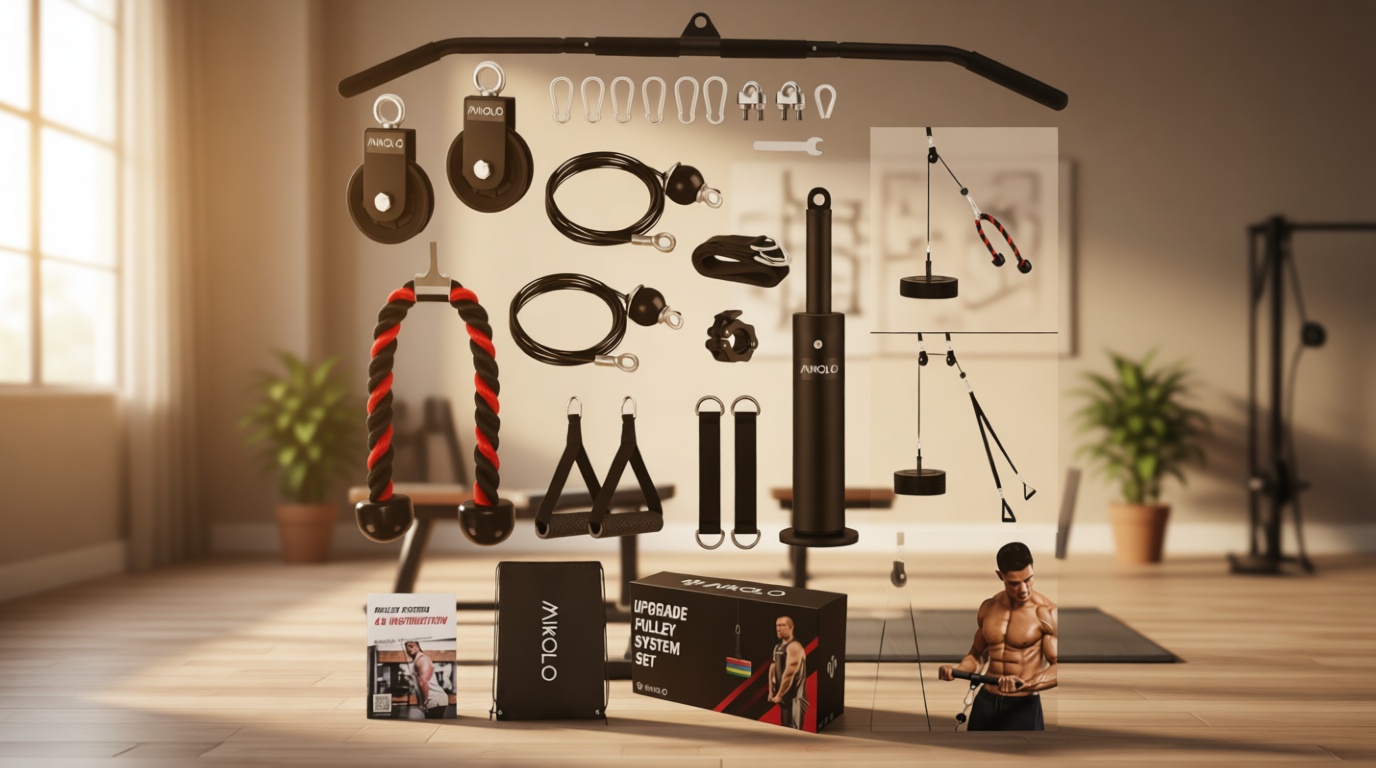 Mikolo Upgraded Weight Lift Pulley System - LAT Pulley Attachments with Adjustable Length Cable for Full Body Training, Home Gym Set