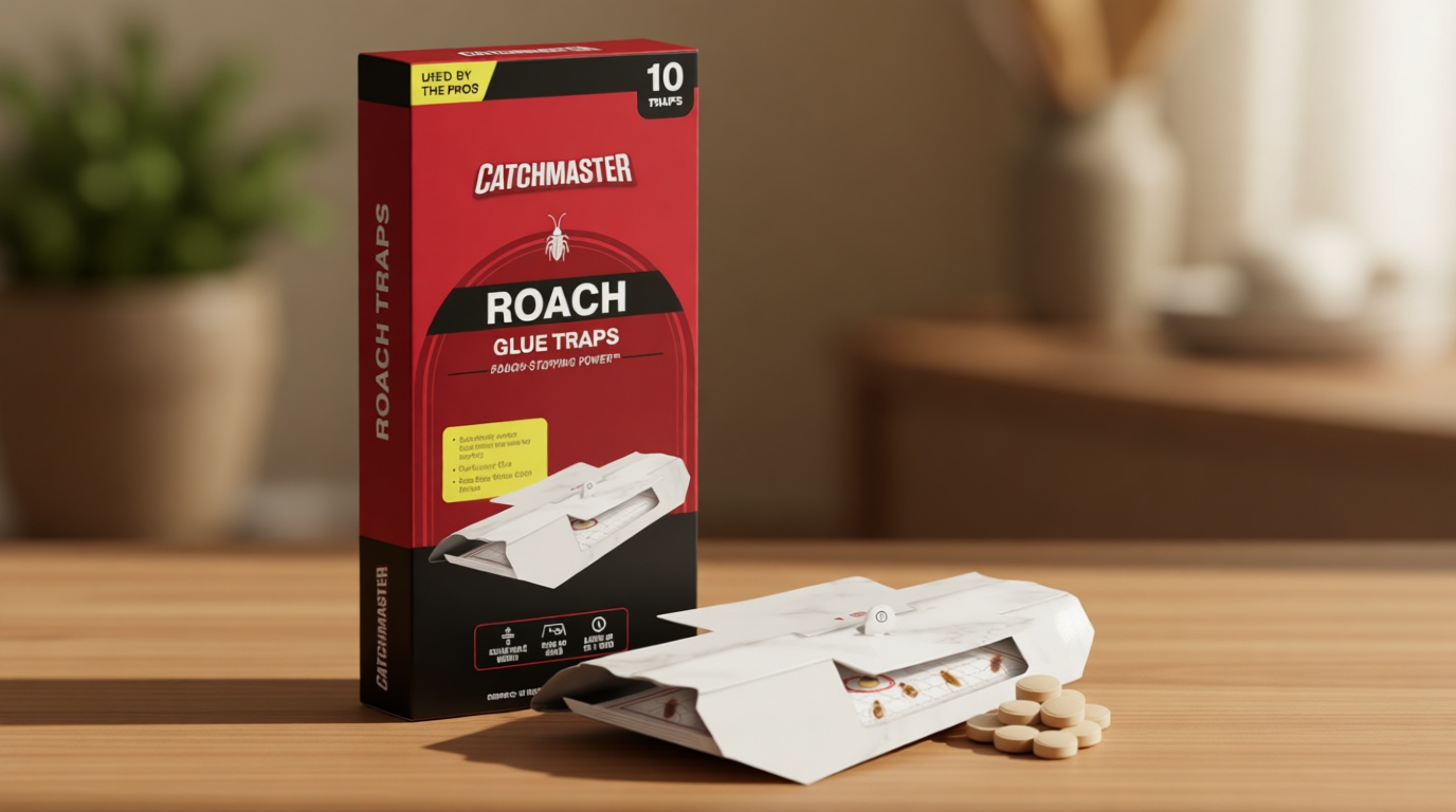 Catchmaster Cockroach Trap with Powerful Food-Based Bait – Glue Traps (10-Pk) Roach Killer for House – Kitchen, Bathroom & Garage, Indoor Pest Control and Bug Catcher Solution