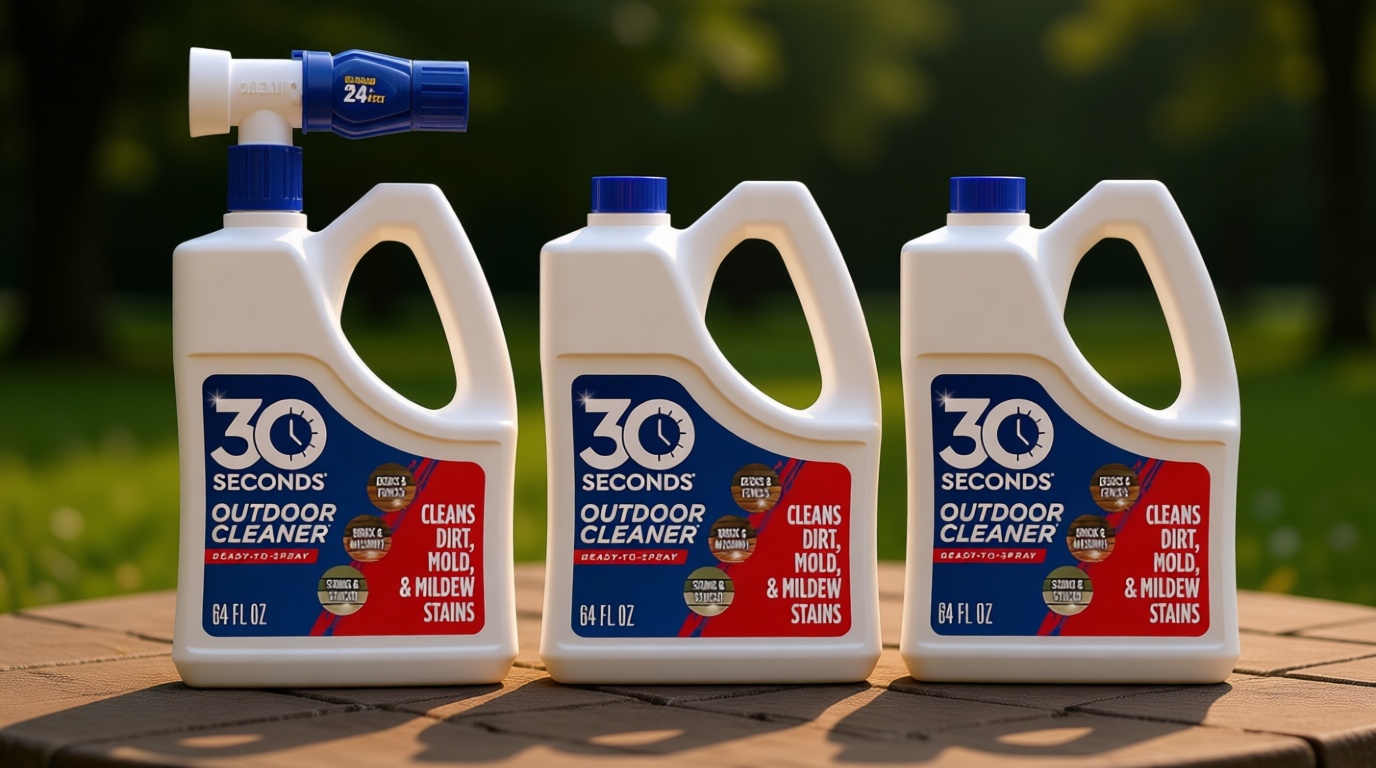 30 Seconds Outdoor Cleaner | Cleans Moss Stains from House, Vinyl Siding, Deck, Patio, Fence - 3 Capped Bottles, 1 Hose End Spray Attachment (64 Fl Oz (Pack of 3)