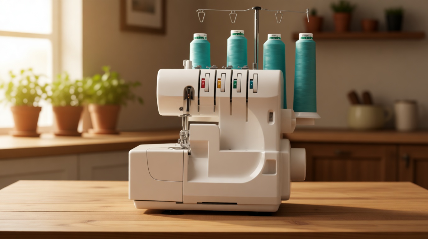 Serger Sewing Machine by American Home, Portable Stitching Machine Easy to Follow 4/3/2 Serger Thread with Differential Feed for Hemming and Sewing, Includes Sewing Accessory Kit, AH100