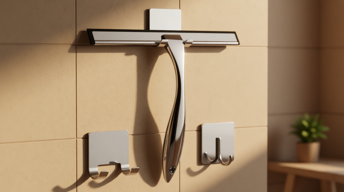 All-Purpose Stainless Steel Shower Squeegee for Shower Glass Door with 2 Adhesive Hooks, Bathroom Cleaner Tool Household Window Mirror Squeegee , Cleaning Tile Wall, Car, 10 Inch Silver