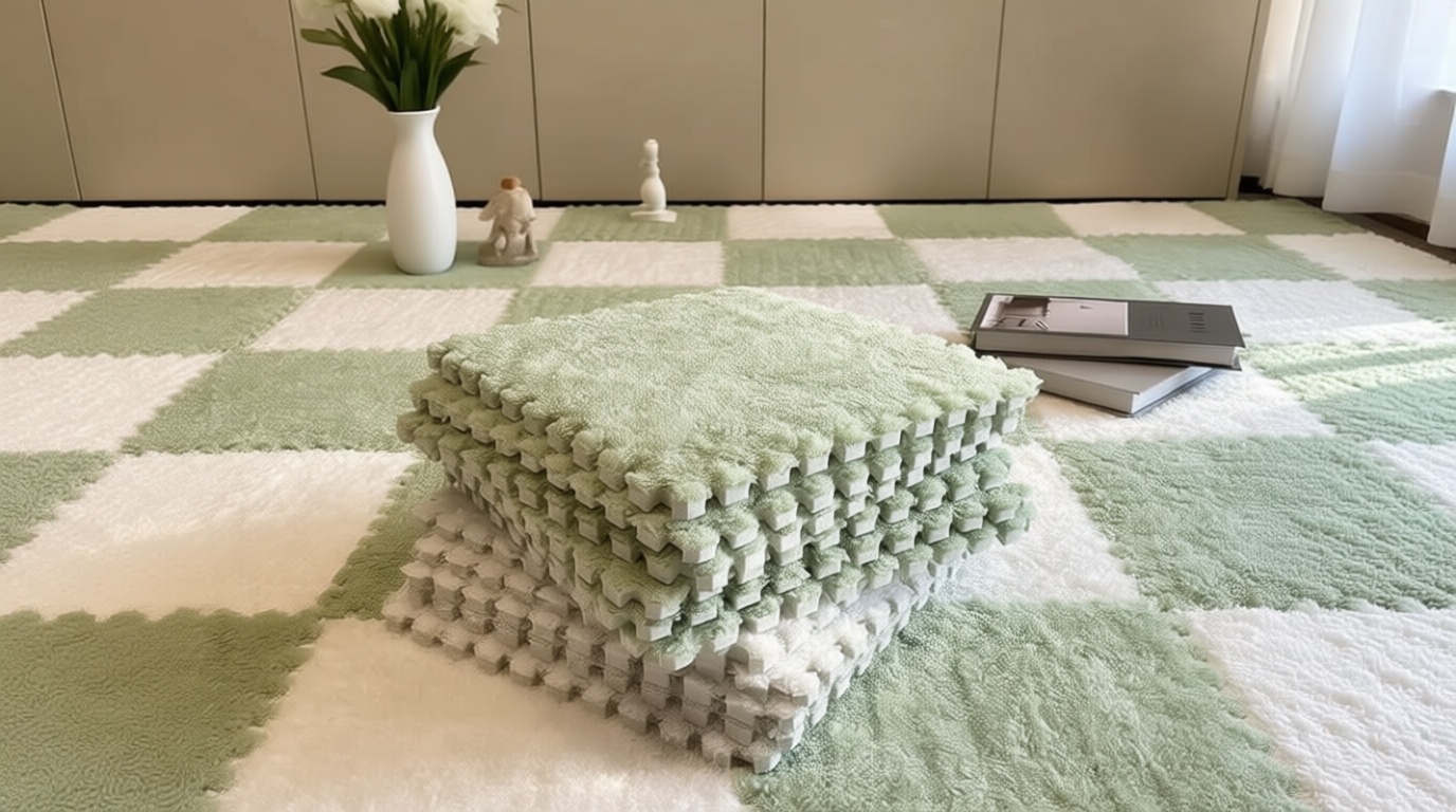 16pcs Plush Puzzle Carpet Tiles, Carpet Squares with Soft Fluffy Interlocking Square Foam Tiles for Living Room & Bedroom, Home Playroom Decor and Pet Comfort Rest Area(11.8x11.8x0.4in,White&Green)