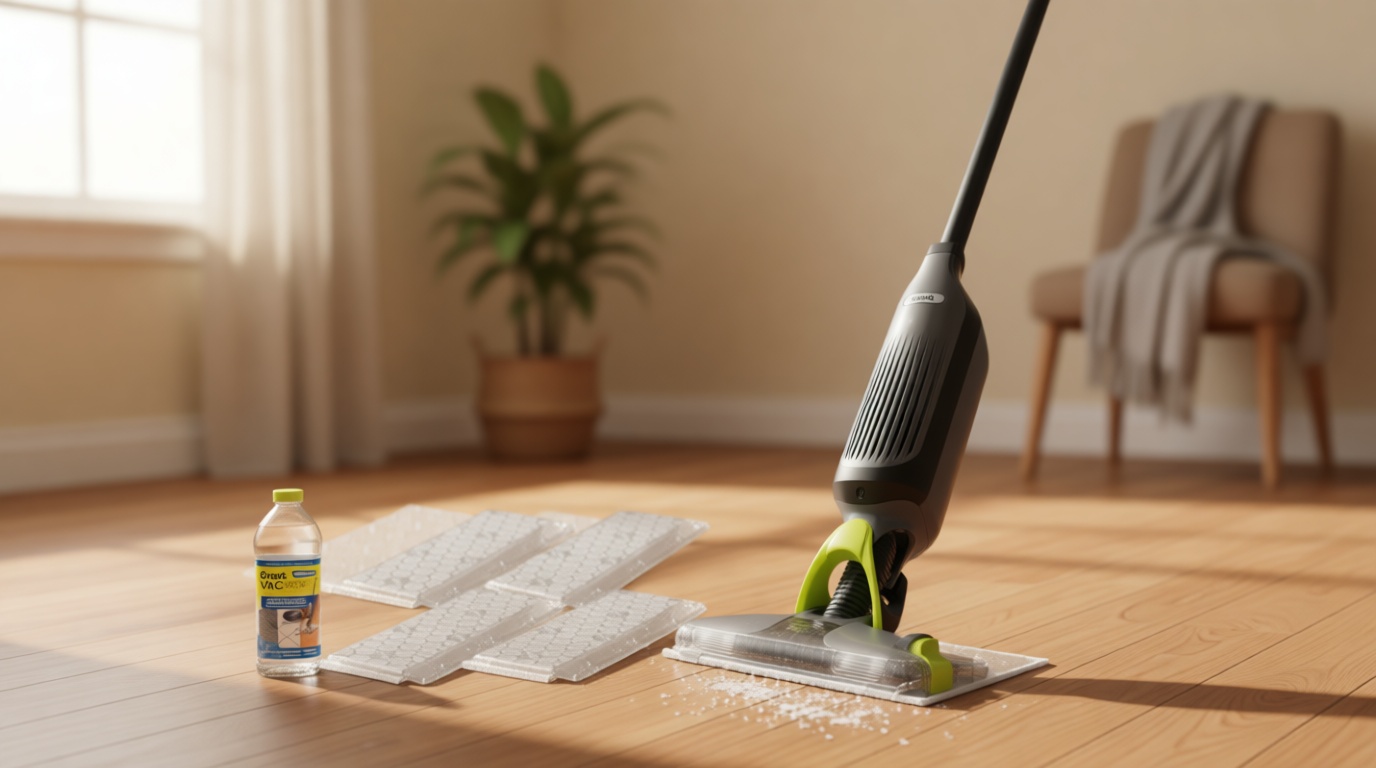 Shark VACMOP Cordless Hard Floor Cleaner, Vacuum and Spray Mop, Powerful Suction, Lightweight, LED Headlights, Includes 4 Disposable Pads, 12oz Multi-Surface Cleaning Solution, Gray, VM252